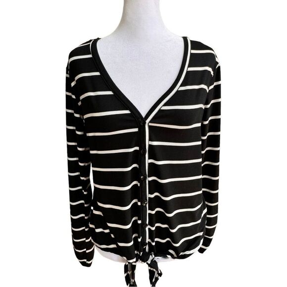Joe Boxer Long Sleeve V-Neck Lace Back Tie Front Blue White Stripe Shirt. Medium - Picture 1 of 8